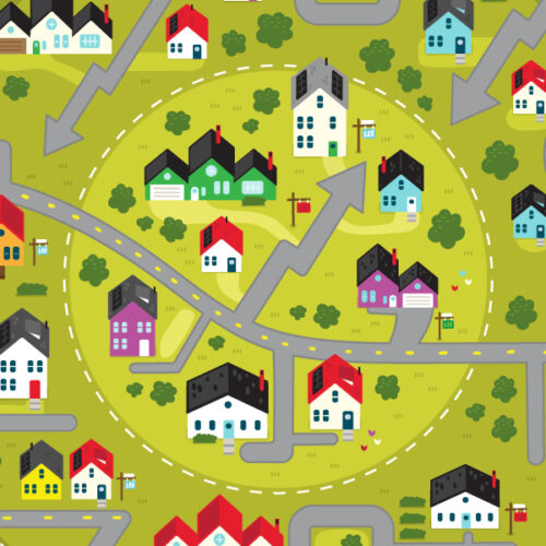 Illustration of houses on a map with a circle around them to depict localization