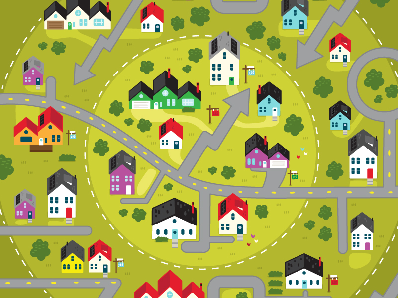 Illustration of houses on a map with a circle around them to depict localization