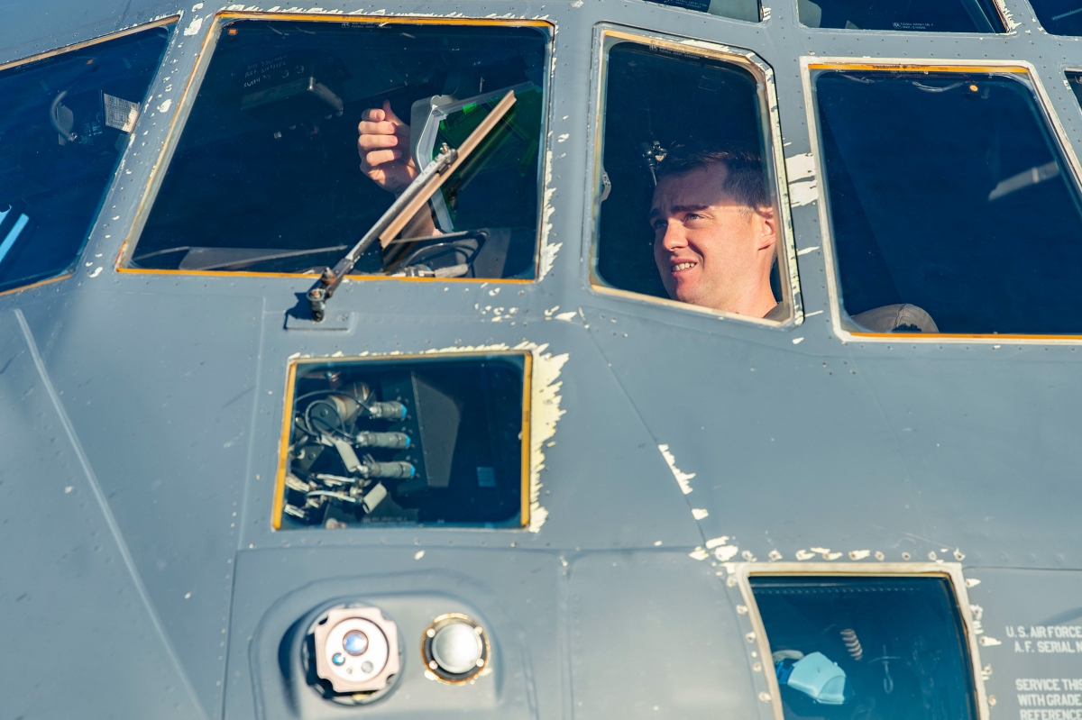 Trevor Phinney in the cockpit of a HC-130J Combat King II 