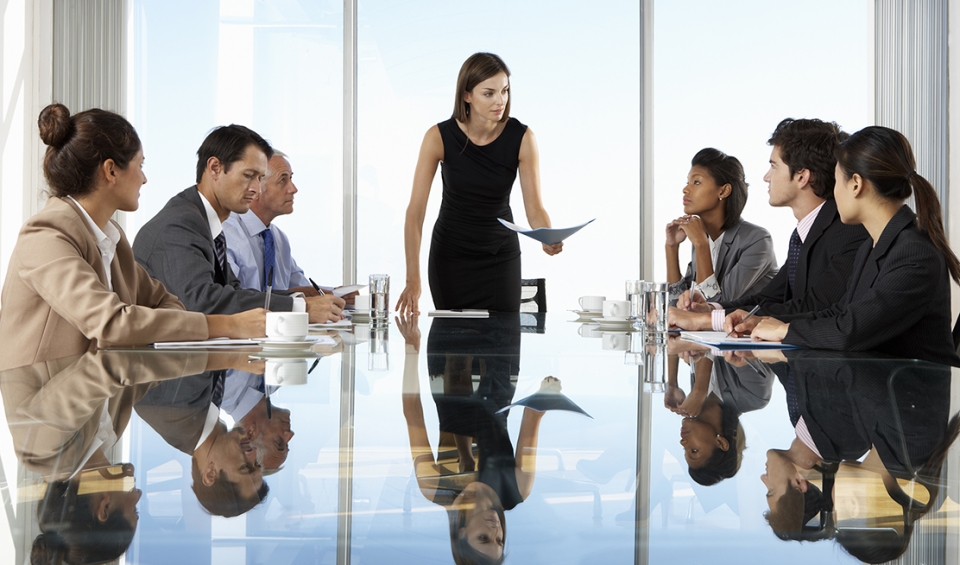 A female business leader stands at the end of a table during a meeting with colleagues.