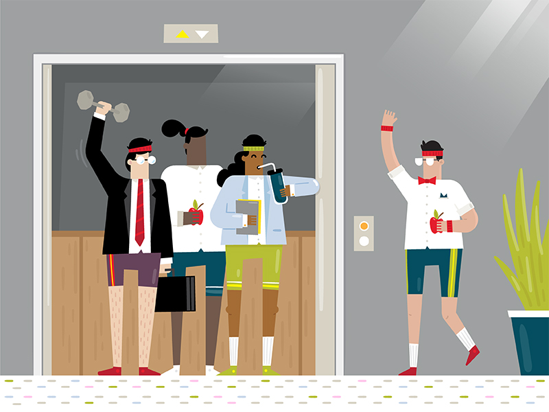 illustration of office workers lifting weights in an elevator