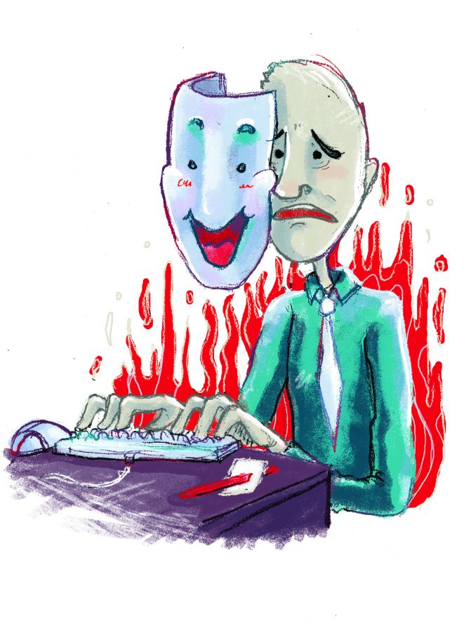 Illustration of a sad person typing on a keyboard and in front of the person's face is a mask that is smiling