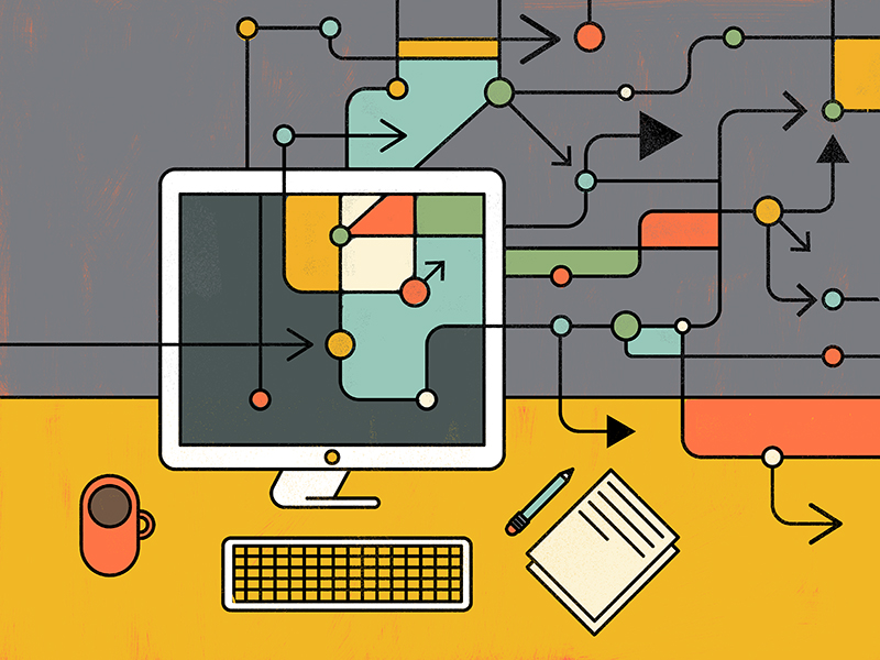 Graphic image of a computer screen containing arrows representing workflows