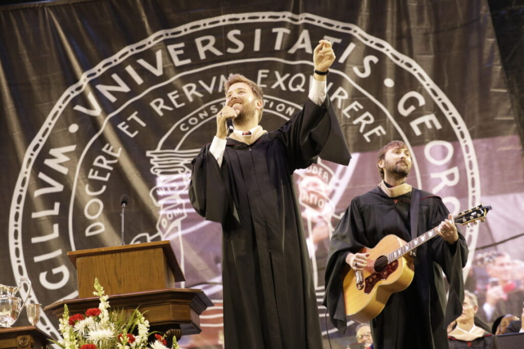 Lady Antebellum band members Charles Kelley and Dave Haywood perform at the UGA Undergraduate Commencement ceremony.