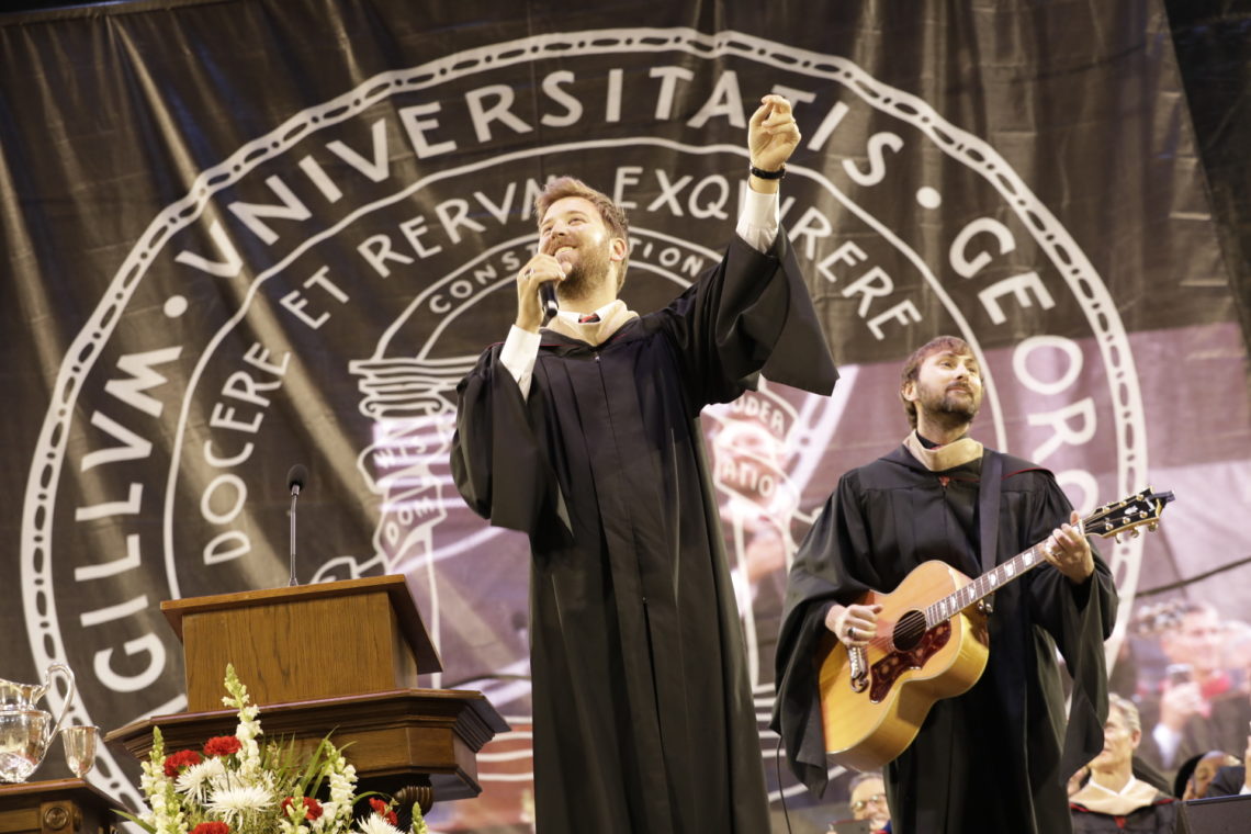 Lady Antebellum band members Charles Kelley, left, and Dave Haywood perform at the UGA Undergraduate Commencement ceremony.