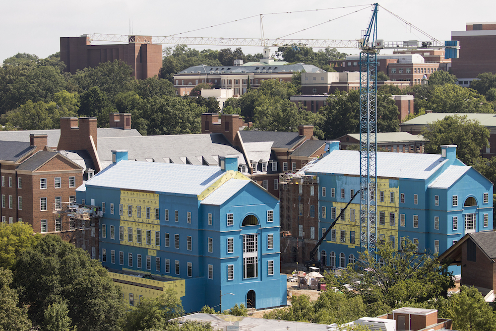 The Terry College Business Learning Community under construction from above via drone.