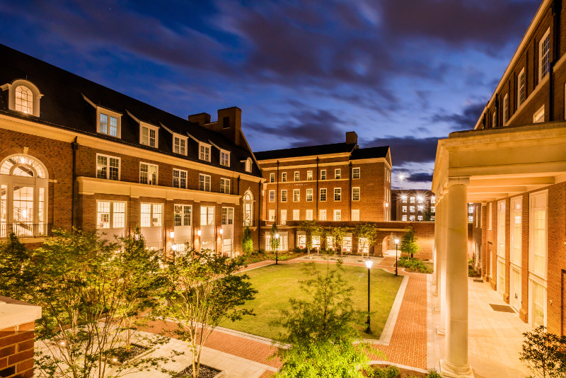 The Terry College Business Learning Center at night.