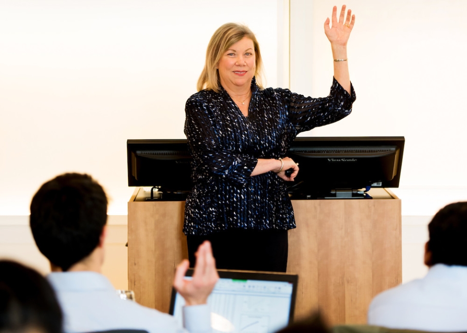 Charlotte Mason, head of the Marketing Department and C. Herman and Mary Virginia Terry Chair of Business Administration, instructs her class during a lecture.