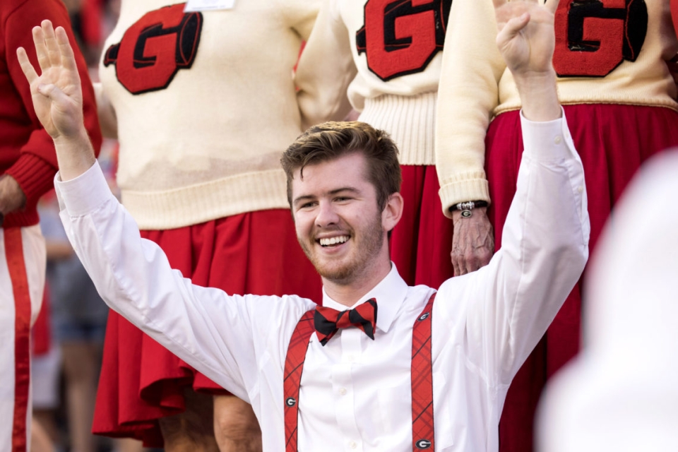 Chip Chambers excites the crowd at a Georgia football game at Sanford Stadium.