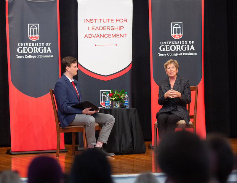 (L-R) Management Information Systems student Tarleton Woodson interviews Stratix co-founder Bonney Shuman (BBA '80) as part of the Terry Leadership Speaker Series.