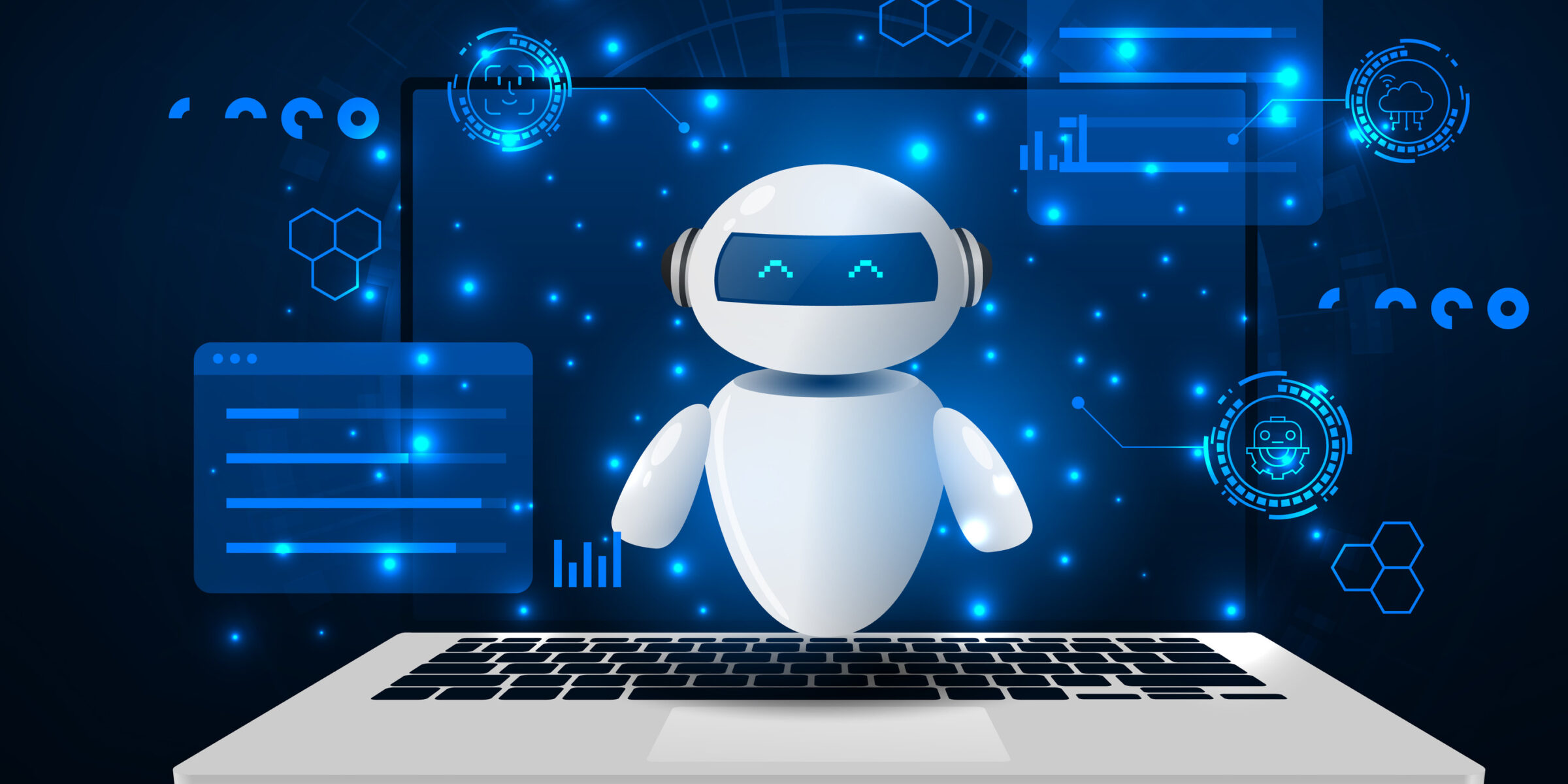 robot hovering above laptop keyboard