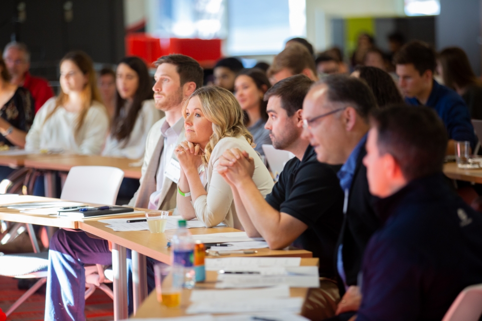  Ashley Steele and other judges at the Spring 2019 Idea Accelerator Demo Day listen to pitches from student teams. 