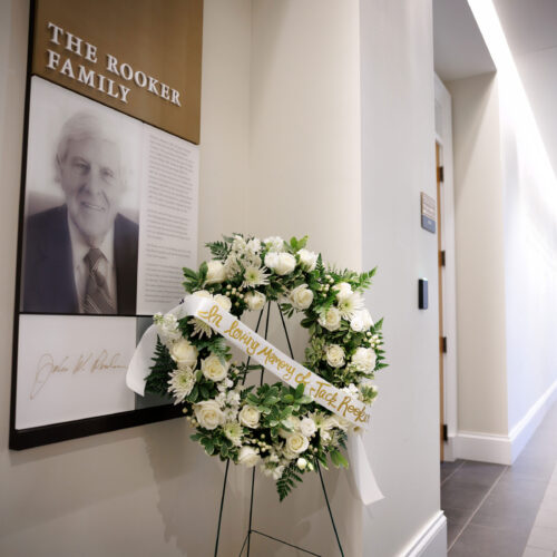memorial wreath in front of John Winston “Jack” Rooker plaque