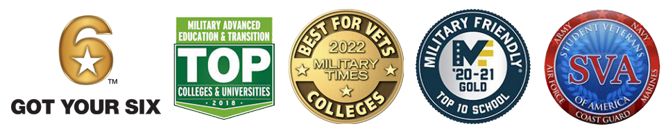 Military logos - Got Your Six; Military Advanced Education and Transition Top Colleges and Universities 2016; Best for Vets, Colleges, 2020 Military Times; Military Friendly Top 10 School, MF 20-21 Gold; SVA - Student Veterans of America, Army Navy, Air Force, Marines, Coast Guard