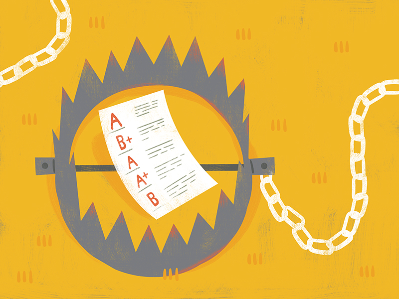 Graphic image of a report card in a spiked bear trap.