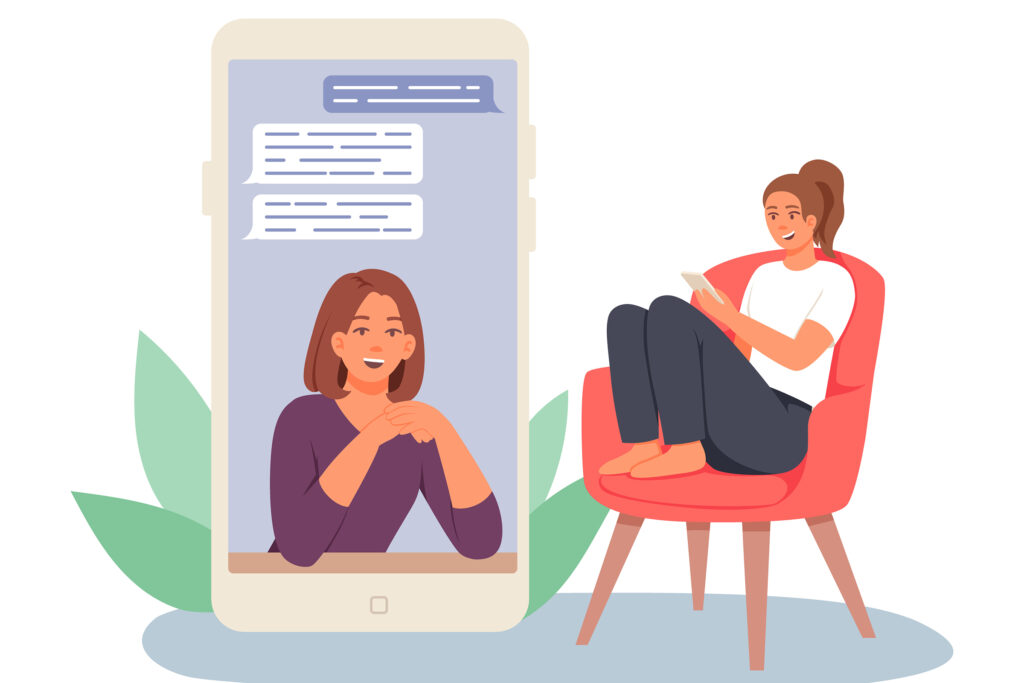 Illustration: a woman receives advice over a smart phone from a peer health educator.