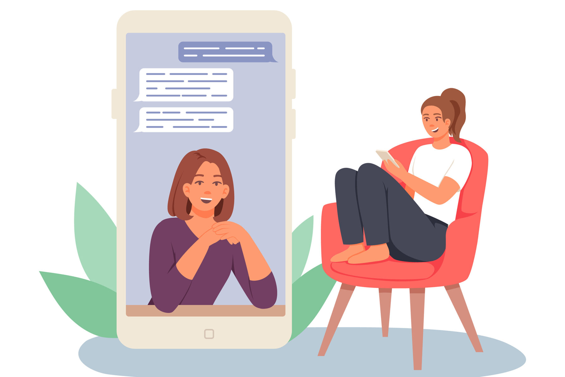 Illustration: a woman receives advice over a smart phone from a peer health educator.