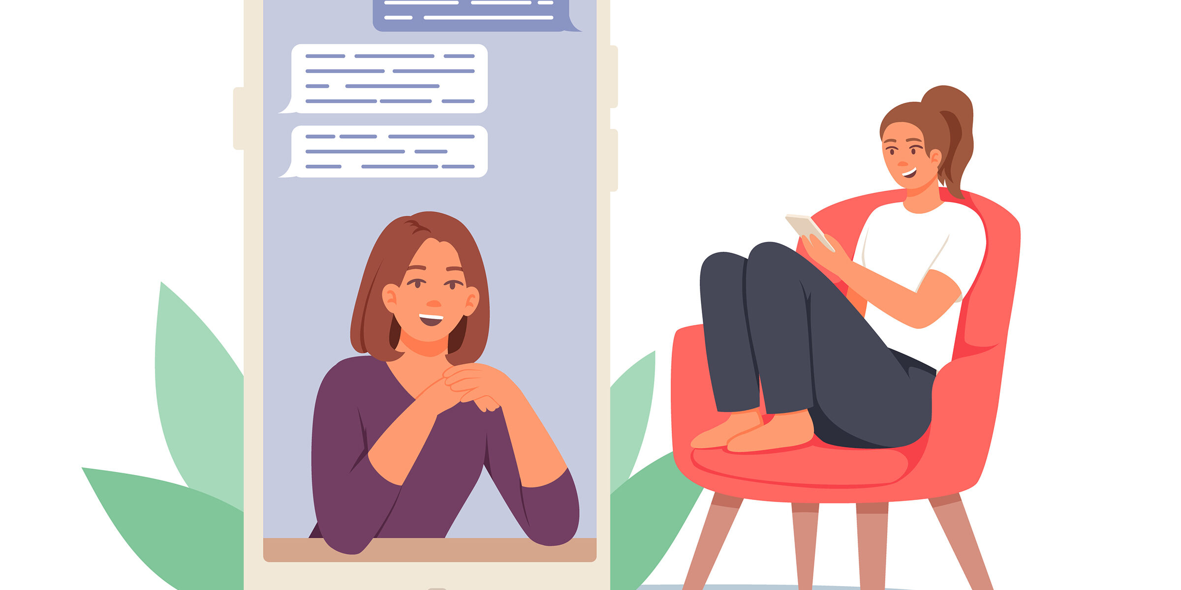 Illustration: a woman receives advice over a smart phone from a peer health educator.