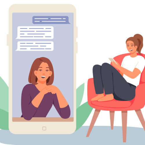 Illustration: a woman receives advice over a smart phone from a peer health educator.