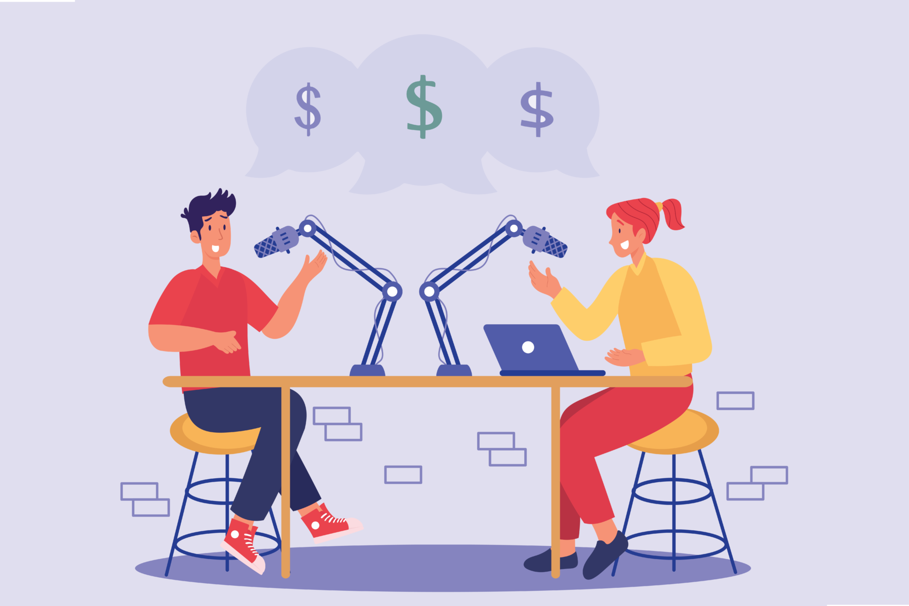 Illustration of two podcasters siting at a in front of microphones with speech bubbles above them them featuring money signs.