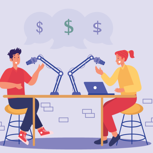 Illustration of two podcasters siting at a in front of microphones with speech bubbles above them them featuring money signs.