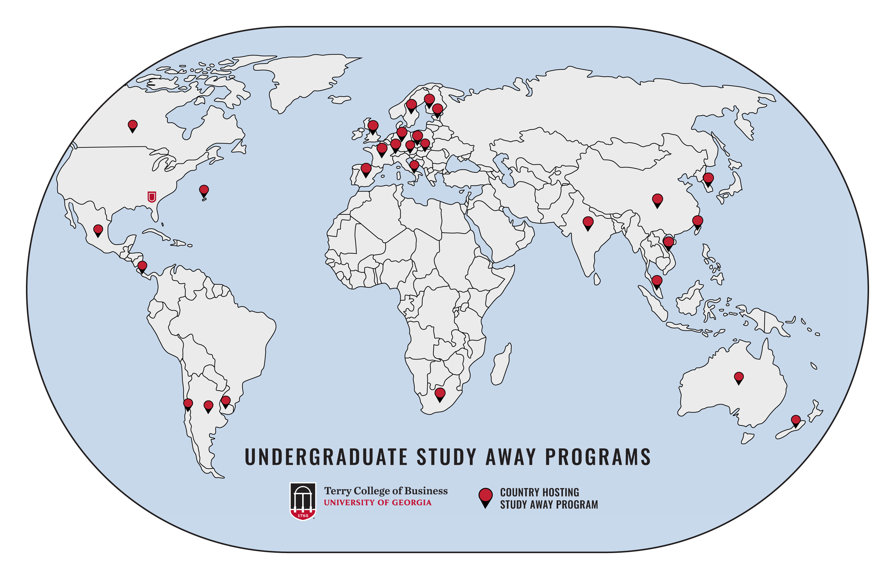 map of undergraduate study away programs around the world identified by pin markers