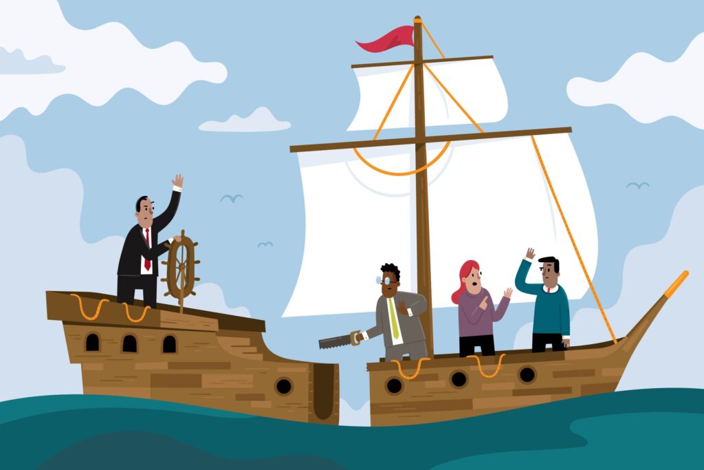 Booting Toxic founders and CEOS can help or hurt brand reputation An illustration of a sailing ship's crew cutting their ship in half to separate from their captain.