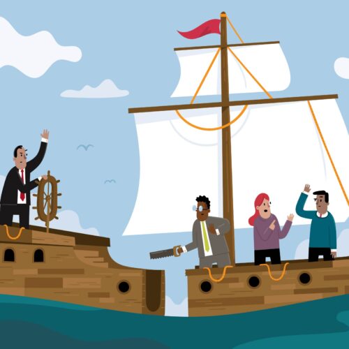 Booting Toxic founders and CEOS can help or hurt brand reputation An illustration of a sailing ship's crew cutting their ship in half to separate from their captain.