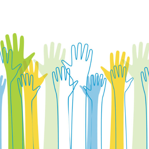 An illustration of somewhat abstract hands being raised in front of a white background.