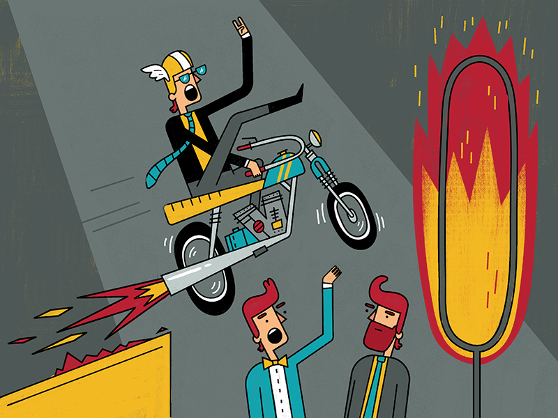 Cartoon of a man driving a motorcycle off a ramp and into a ring engulfed in flames.